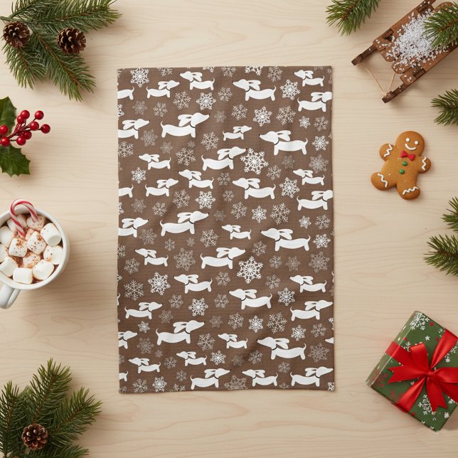 Dachshund Christmas Chef Gift Brown Tea Towel (Dachshund Christmas dish towel - brown)
