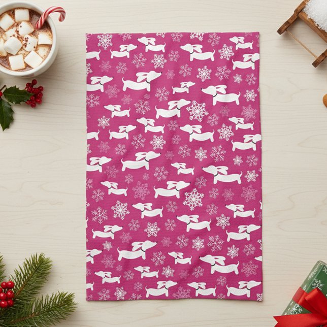 Dachshund Christmas Chef Gift Fuchsia   Tea Towel (Dachshund Christmas dish towel - pink)