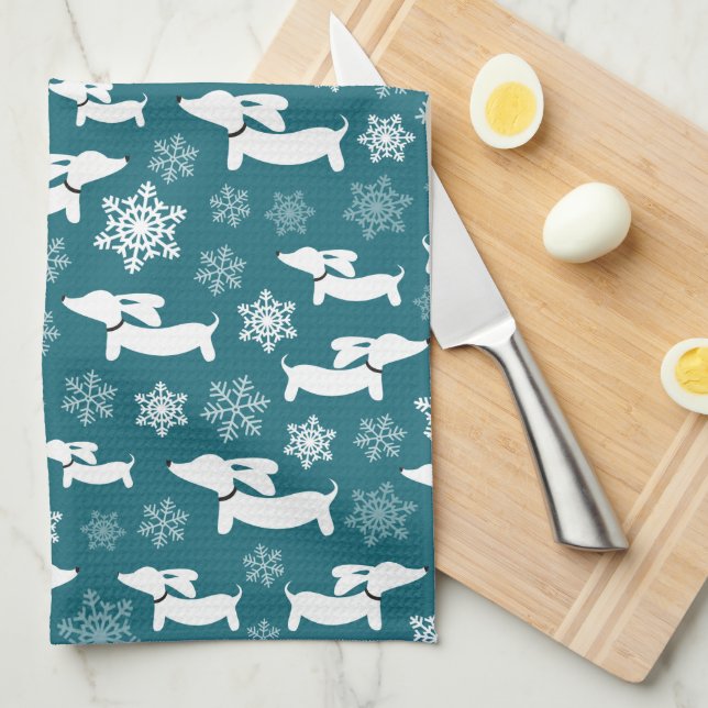 Dachshund Christmas Chef Gift Teal  Tea Towel (Quarter Fold)