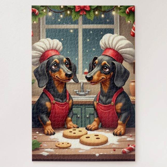 Dachshund Christmas Cookie Bakers Holiday Painting Jigsaw Puzzle (Vertical)