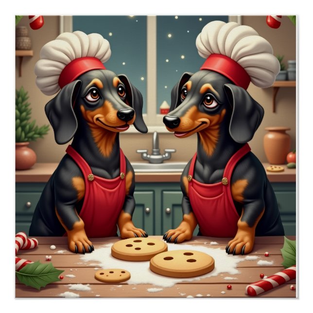 Dachshund Christmas Cookie Bakers Holiday Painting Poster (Front)