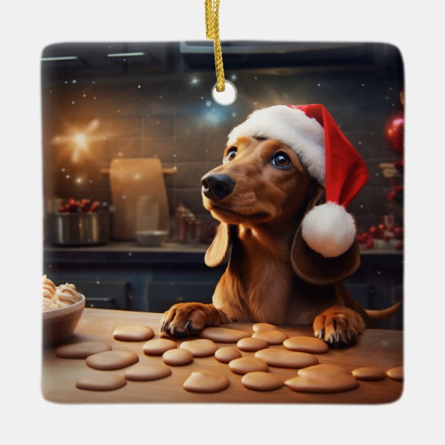 Dachshund Christmas Cookies Festive Holiday Ceramic Ornament (Front)