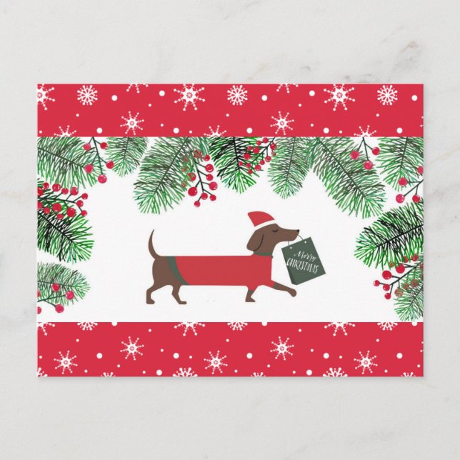 Dachshund Christmas Cute Dog Snowflakes Holly Postcard (Front)