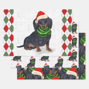 Dachshund Christmas Dog and Plaid Wrapping Paper Sheet
