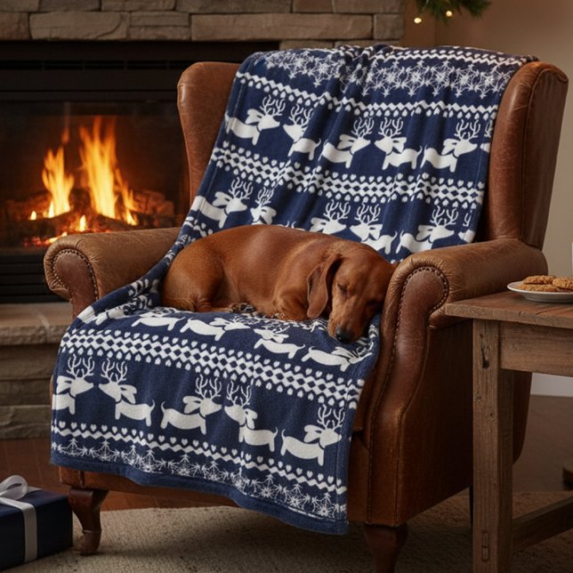 Dachshund Christmas Fair Isle Dog Blanket (Blue reindeer dachshund fair  isle sweater design for Christmas festivities and snugging. )