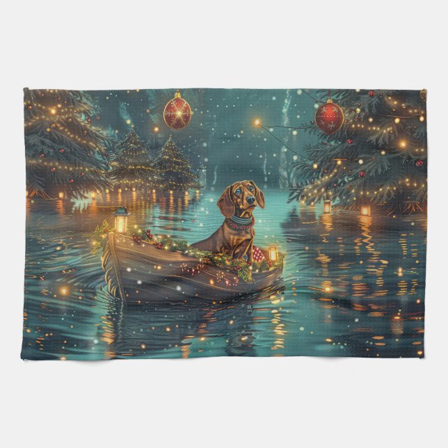 Dachshund Christmas Festive Voyage  Tea Towel (Horizontal)