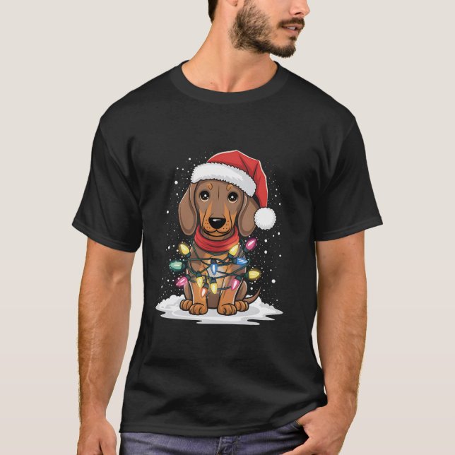 Dachshund Christmas Lights Santa Hat Dog Lover Hol T-Shirt (Front)