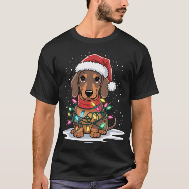 Dachshund Christmas Lights Santa Hat Dog Lover Hol T-Shirt (Front)