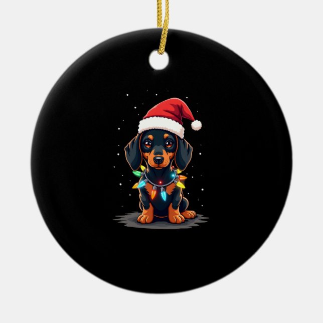 Dachshund Christmas Lights Santa Hat Xmas Dog Love Ceramic Tree Decoration (Front)