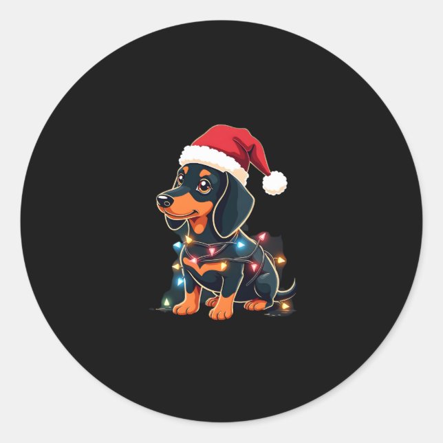 Dachshund Christmas Lights Santa Hat Xmas Dog Love Classic Round Sticker (Front)