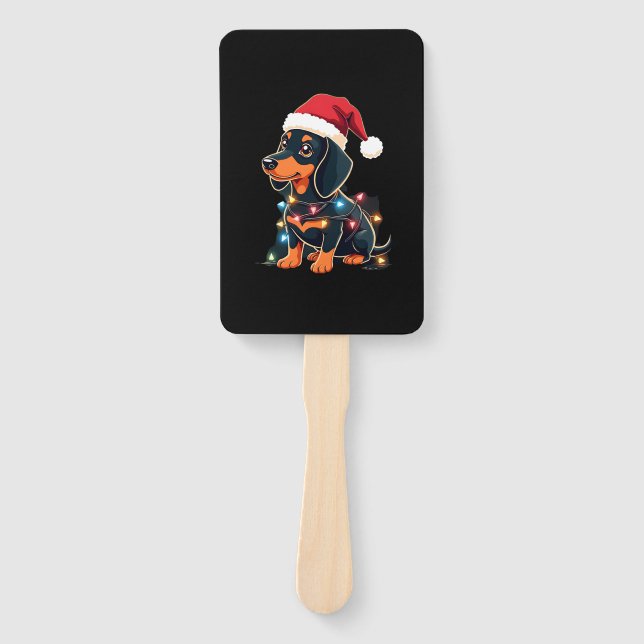Dachshund Christmas Lights Santa Hat Xmas Dog Love Hand Fan (Front)