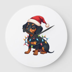 Dachshund Christmas Lights Santa Hat Xmas Dog Love Large Clock