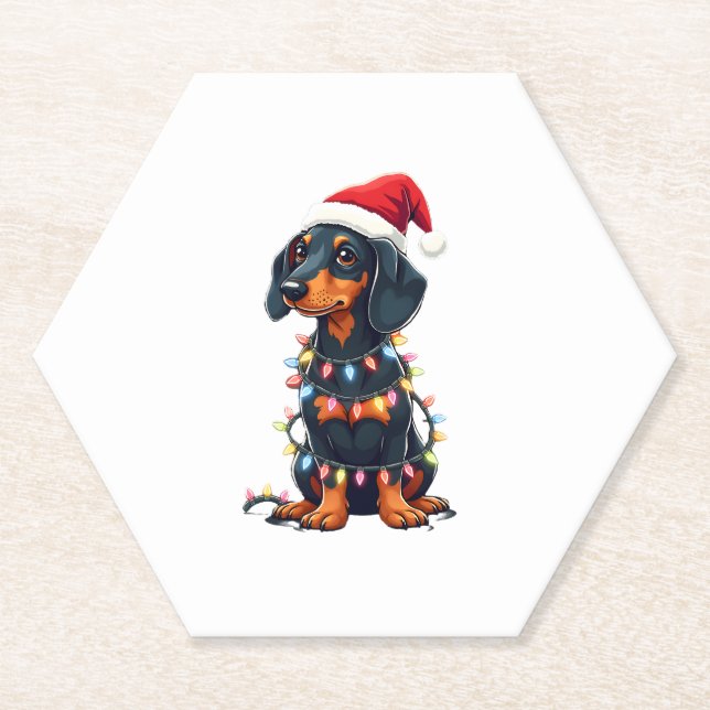Dachshund Christmas Lights Santa Hat Xmas Dog Love Paper Coaster (Front)