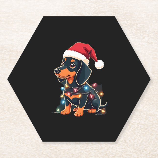 Dachshund Christmas Lights Santa Hat Xmas Dog Love Paper Coaster (Front)