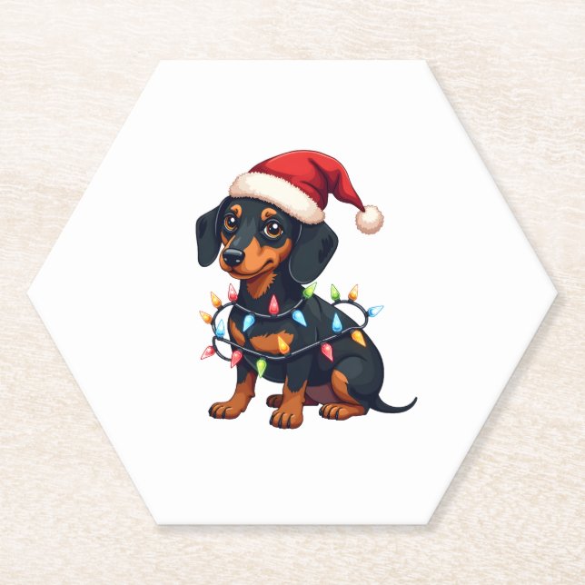 Dachshund Christmas Lights Santa Hat Xmas Dog Love Paper Coaster (Front)