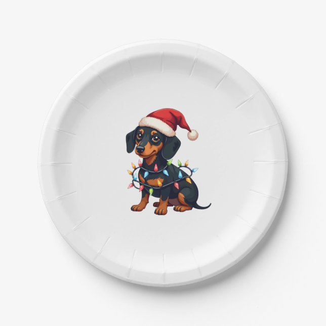 Dachshund Christmas Lights Santa Hat Xmas Dog Love Paper Plate (Front)