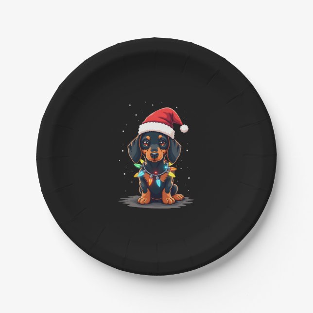 Dachshund Christmas Lights Santa Hat Xmas Dog Love Paper Plate (Front)