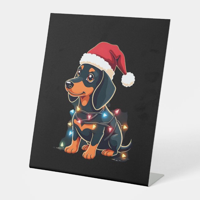 Dachshund Christmas Lights Santa Hat Xmas Dog Love Pedestal Sign (Front)