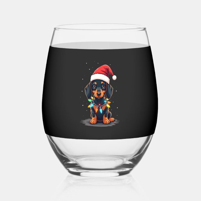 Dachshund Christmas Lights Santa Hat Xmas Dog Love Stemless Wine Glass (Front)