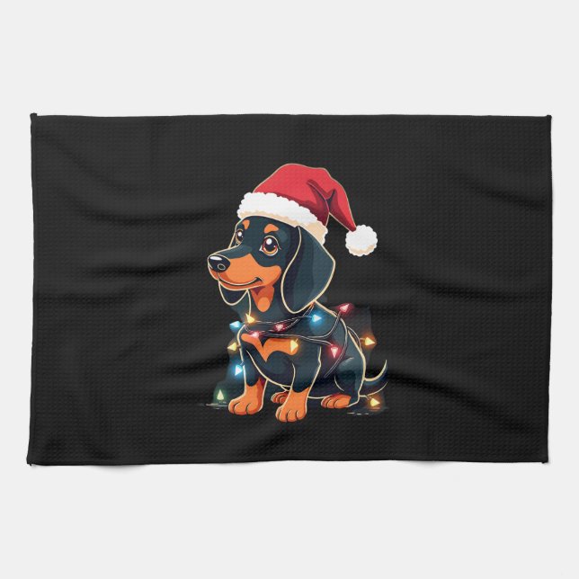 Dachshund Christmas Lights Santa Hat Xmas Dog Love Tea Towel (Horizontal)
