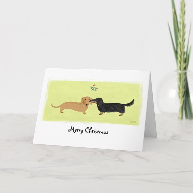 Dachshund Christmas Mistletoe Kiss Love Dogs Xmas Holiday Card (Front)