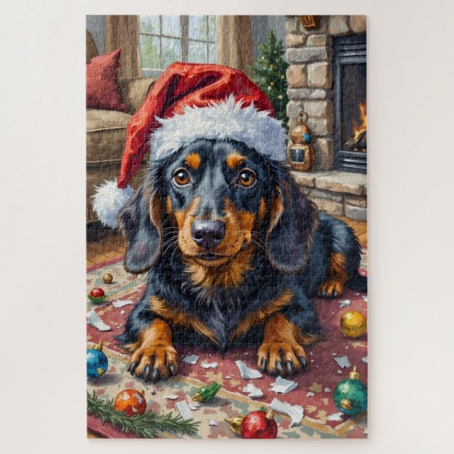 Dachshund Christmas Ornament Destroyer Hat Jigsaw Puzzle (Vertical)