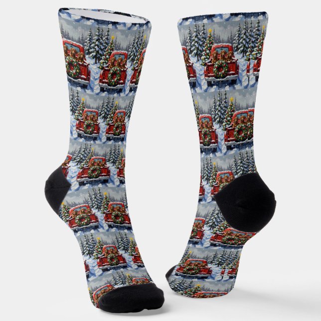 Dachshund Christmas Red Truck Holiday Socks (Angled)