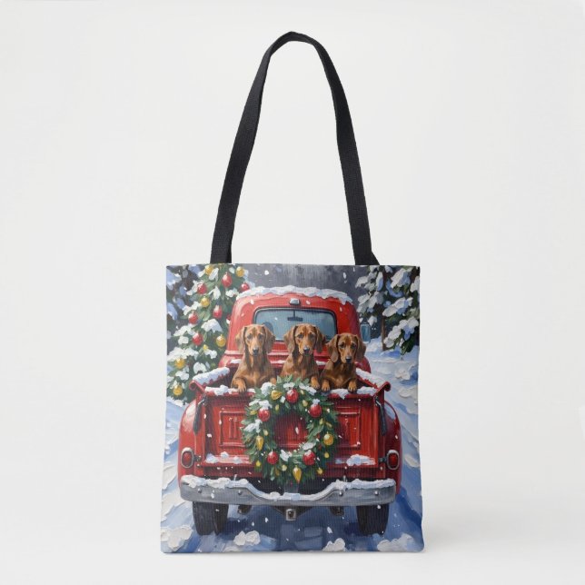 Dachshund Christmas Red Truck Holiday Tote Bag (Front)