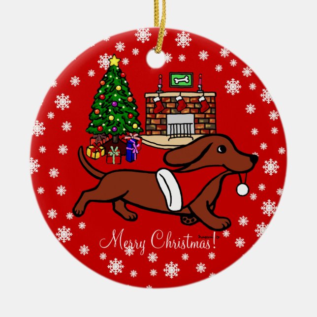 Dachshund Christmas Running Ceramic Tree Decoration (Front)