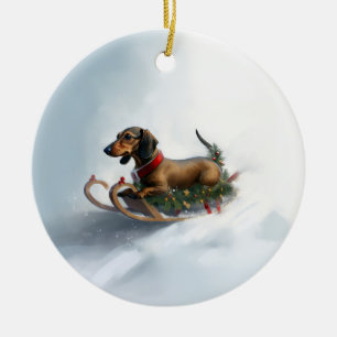 Dachshund Christmas snow winter Ceramic Tree Decoration