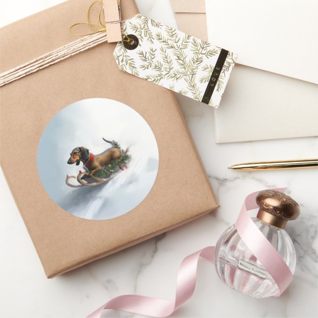 Dachshund Christmas snow winter Classic Round Sticker (Gifting)