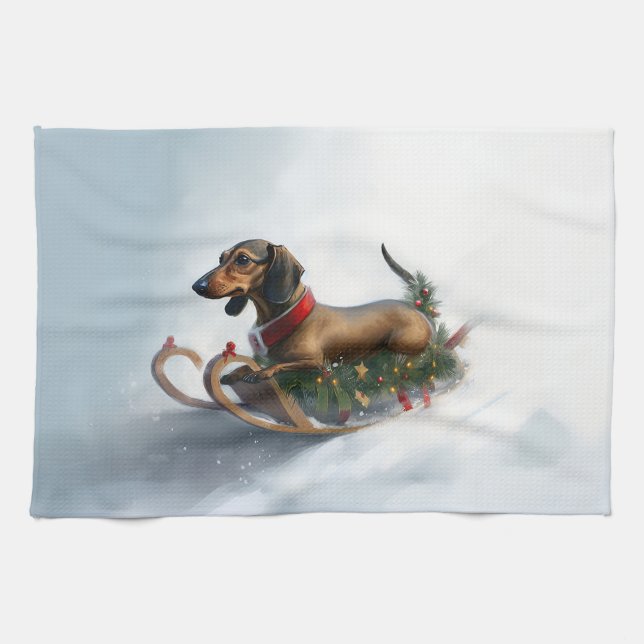 Dachshund Christmas snow winter Tea Towel (Horizontal)