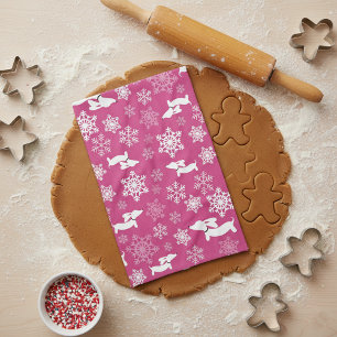 Dachshund Christmas Snowflakes Magenta Dish Towel