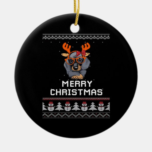 Dachshund Christmas Sweater Oversized T-Shirt Ceramic Tree Decoration (Front)
