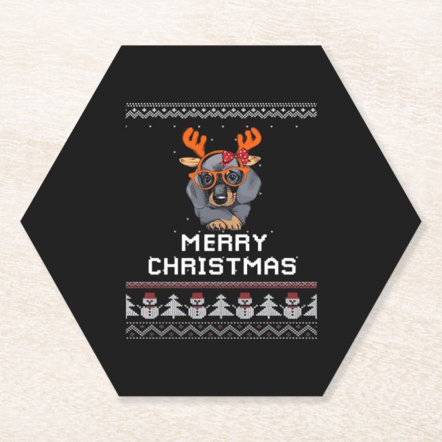 Dachshund Christmas Sweater Oversized T-Shirt Paper Coaster (Front)
