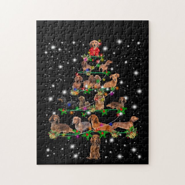 Dachshund Christmas Tree Covered By Flashlight Jigsaw Puzzle (Vertical)