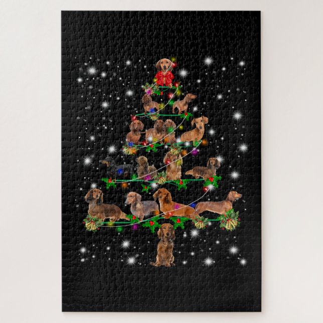 Dachshund Christmas Tree Covered By Flashlight Jigsaw Puzzle (Vertical)