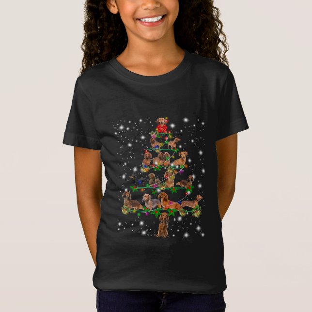 Dachshund Christmas Tree Covered By Flashlight T-Shirt (Front)