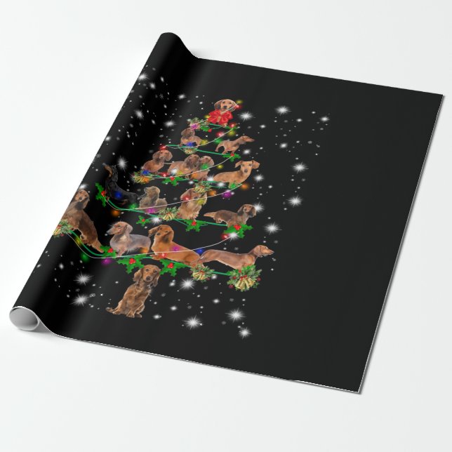 Dachshund Christmas Tree Covered By Flashlight Wrapping Paper (Unrolled)