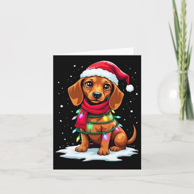 Dachshund Christmas Tree Cute Santa Hat Lights Xma Card (Front)