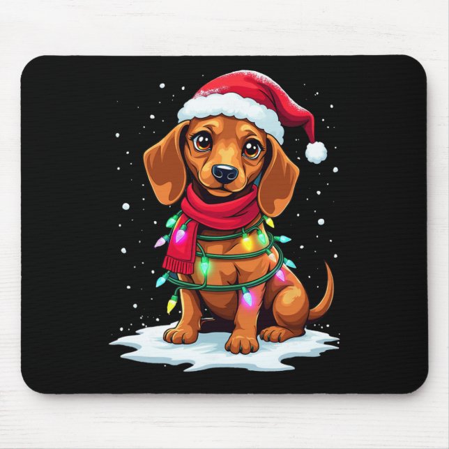 Dachshund Christmas Tree Cute Santa Hat Lights Xma Mouse Mat (Front)