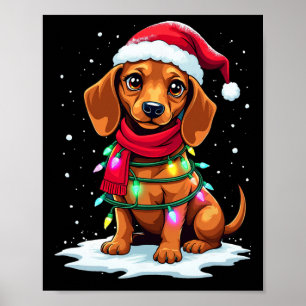 Dachshund Christmas Tree Cute Santa Hat Lights Xma Poster