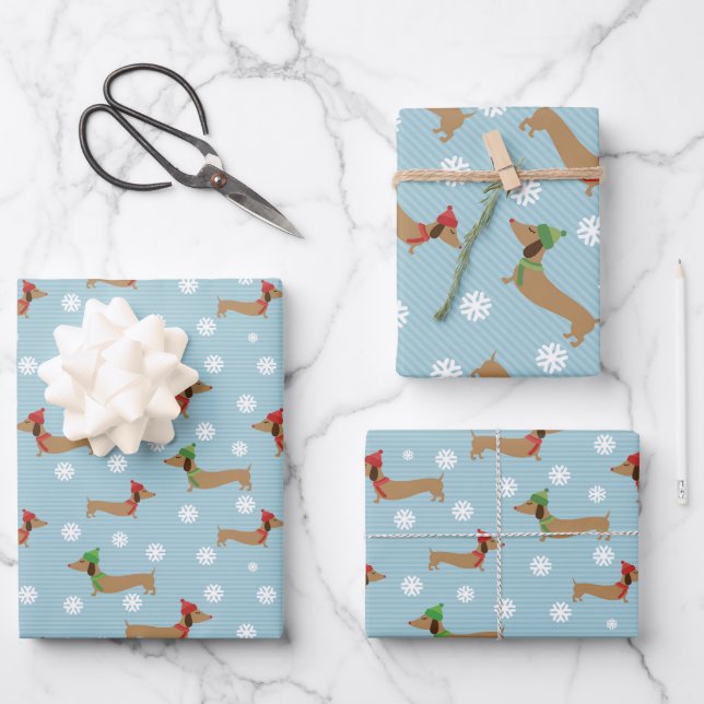 Dachshund Christmas Wrapping Paper Cute Snowflakes (Front)