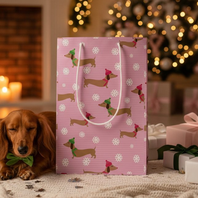 Dachshund Christmas Wrapping Paper Cute Snowflakes Medium Gift Bag (Dachshund Christmas gift with snowflakes pink and winter theme)