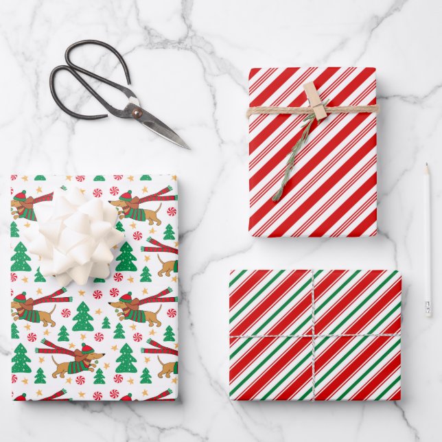 Dachshund Christmas Wrapping Paper Set of 3 (Front)