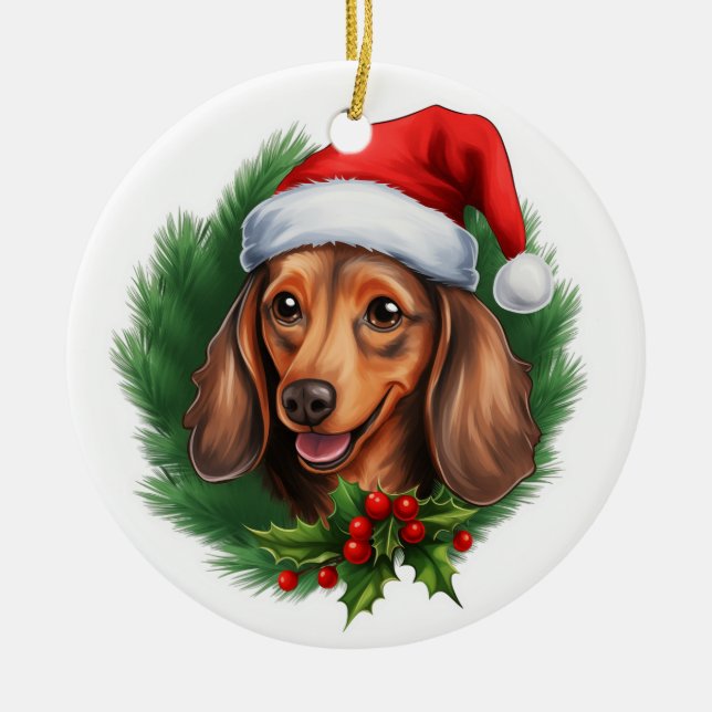 Dachshund Christmas Wreath Ceramic Tree Decoration (Front)