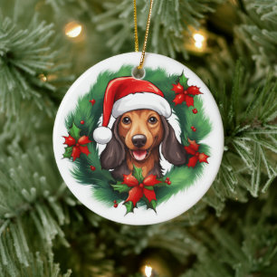 Dachshund Christmas Wreath Ceramic Tree Decoration