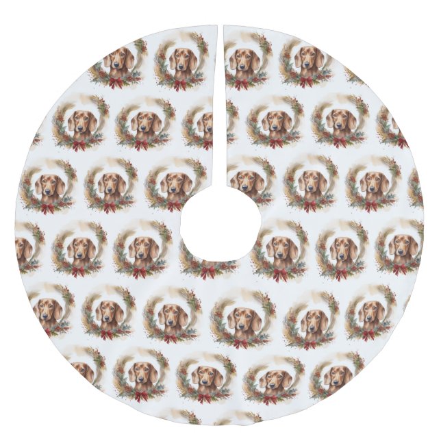 Dachshund Christmas Wreath Festive Pup  Brushed Polyester Tree Skirt (Front)