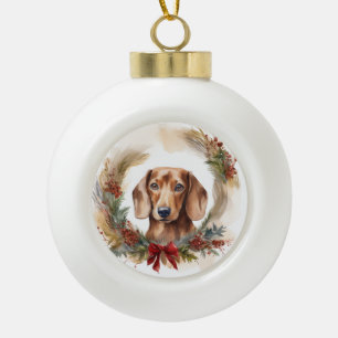 Dachshund Christmas Wreath Festive Pup Ceramic Ball Christmas Ornament