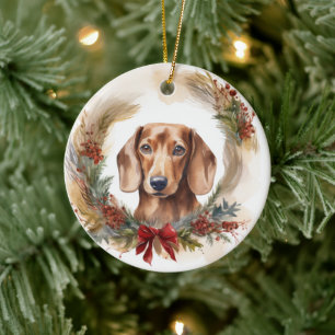Dachshund Christmas Wreath Festive Pup Ceramic Tree Decoration